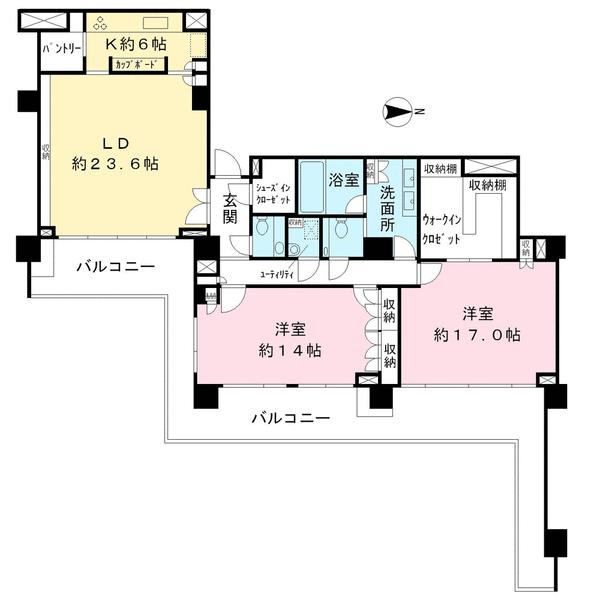 Floor plan. 2LDK, Price 230 million yen, Footprint 159.04 sq m , Balcony area 56.09 sq m