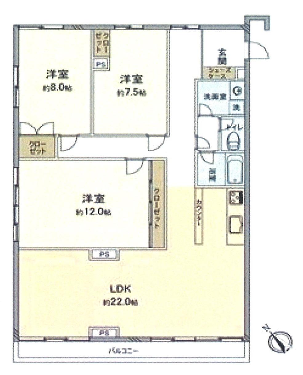 Floor plan. 3LDK, Price 56,800,000 yen, Footprint 104.56 sq m , Large 3LDK of balcony area 7.83 sq m 104.56 sq m
