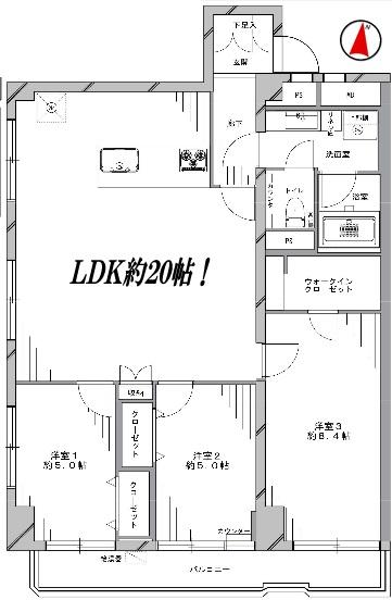 Floor plan. 3LDK + S (storeroom), Price 59,800,000 yen, Occupied area 85.14 sq m , Balcony area 7.61 sq m
