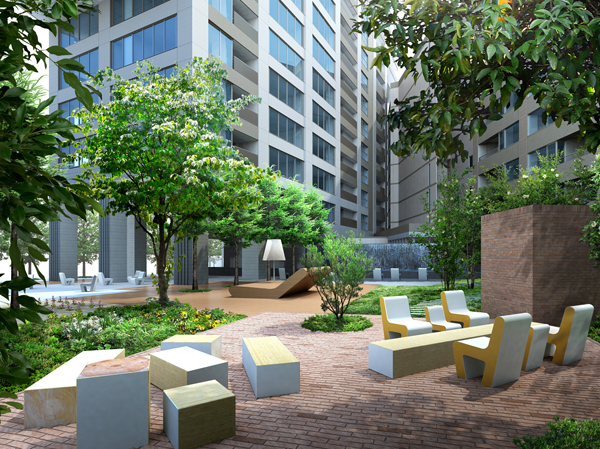 Buildings and facilities. Forest garden decor such as the bench in a variety of planting. The on-site garden with a 10's theme, Residents can also enjoy as a green outdoor living that Ikoe leisurely. (Forest Garden Rendering CG)