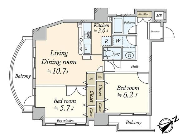 Floor plan. 2LDK, Price 45,800,000 yen, Occupied area 61.84 sq m , Balcony area 11.54 sq m