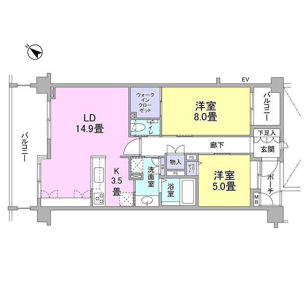 Floor plan. 2LDK, Price 59,800,000 yen, Occupied area 73.29 sq m , Balcony area 15.17 sq m