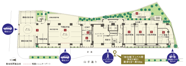 Features of the building.  [Site layout conceptual diagram] Beginning were divided the dynamic lines of people and cars, "Ayumu car isolation design", Parking with enhanced crime prevention, Various facilities have been settling to spend with a comfortable peace of mind every day, such as disaster prevention warehouse in preparation for disaster.