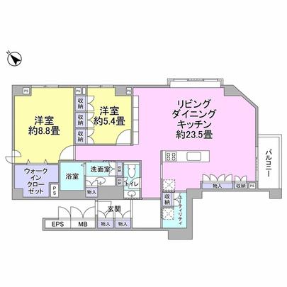 Floor plan. 2LDK type of 106.46 sq m Northeast ・ Southeast corner room July 2012 in