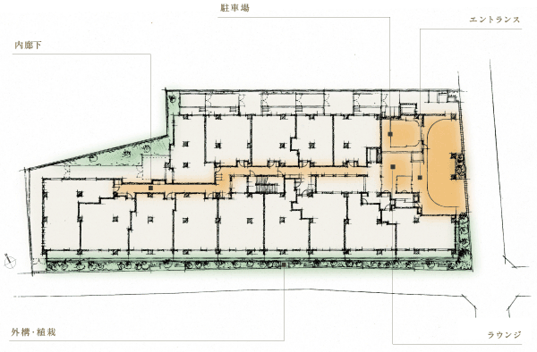 Features of the building.  [Site placement illustrations] Facing south about 56%, Mansion with a focus on wide span dwelling unit. Excellent wide span dwelling unit centered on the lighting of a sense of openness. A maximum of about 109 sq m , Strawberries the average area 80 sq m more than the mansion of. Such as double-sided opening plan facing the Fukinuki, Colorful plan variations to choose to your liking is attractive.