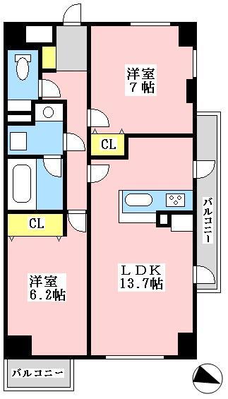 Floor plan. 2LDK, Price 49,800,000 yen, Occupied area 61.08 sq m , Balcony area 6.6 sq m