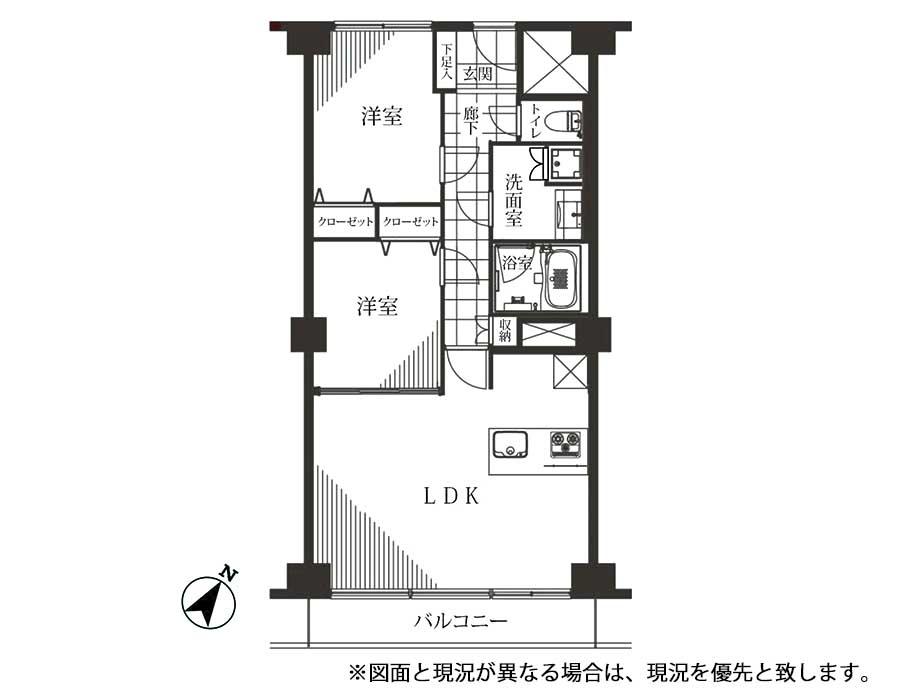 Floor plan. 2LDK, Price 54,800,000 yen, Occupied area 64.98 sq m , Balcony area 8.55 sq m