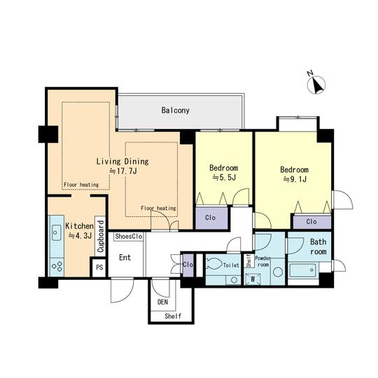 Floor plan. 2LDK, Price 88 million yen, It will be occupied area 93.38 sq m northeast corner room.