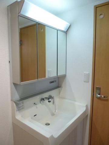 Wash basin, toilet. Three-sided mirror
