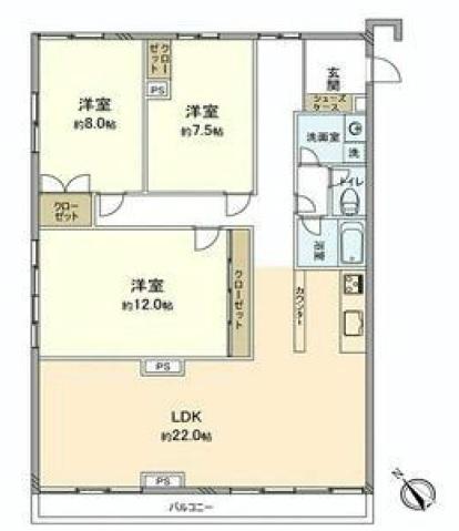 Floor plan. 3LDK, Price 56,800,000 yen, Footprint 104.56 sq m , Balcony area 7.83 sq m Hidekazu Sangubashi Residence
