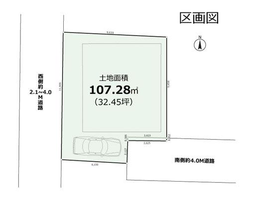 Compartment figure. Land price 115 million yen, Land area 107.28 sq m south side 4.0M, West about 2.1M ~ 4.0M is open land facing the