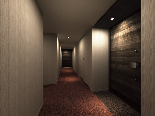 Features of the building.  [Inner hallway designed to protect the privacy] Approach to each dwelling unit is, Adopt the corridor method within the line of sight from the outside can not reach. Furthermore, by not made to an inner hallway side of the living room window of the dwelling unit, Was consideration to privacy. (Inner corridor Rendering)