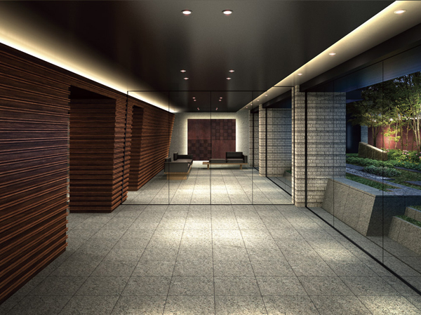 Buildings and facilities. Facing the street facade of the building plays a role of the barrier, With blocking the outside of the line of sight, Integrated with the symbol tree is watered garden of zelkova inside, Blocky a calm lounge space. The design of the moisture rich Yingbin, Graciously welcomed guests, Invites live people into a deep peace. (Entrance Rendering)