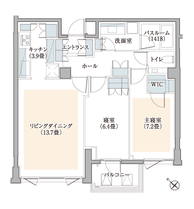 Floor: 2LDK + WIC, the occupied area: 73.65 sq m