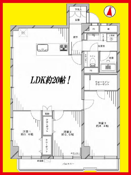 Floor plan. 3LDK, Price 59,800,000 yen, Occupied area 85.14 sq m , 3LDK on the balcony area 7.61 sq m 85 sq m