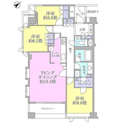 Floor plan. ○ 92.59 3LD of sq m ・ Southeast of K type ○ 5 floor ・ Southwest Corner Room