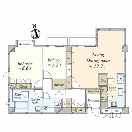 Floor plan. 2LDK, Price 77,800,000 yen, Occupied area 90.23 sq m , Balcony area 6.41 sq m