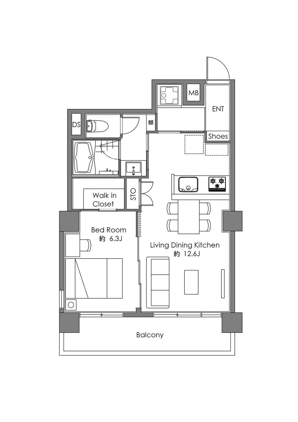 Floor plan. 1LDK, Price 31,800,000 yen, Occupied area 45.76 sq m , Balcony area 7.83 sq m
