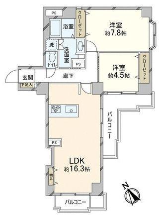 Floor plan. 2LDK, Price 52,800,000 yen, Occupied area 65.57 sq m , Balcony area 10.68 sq m