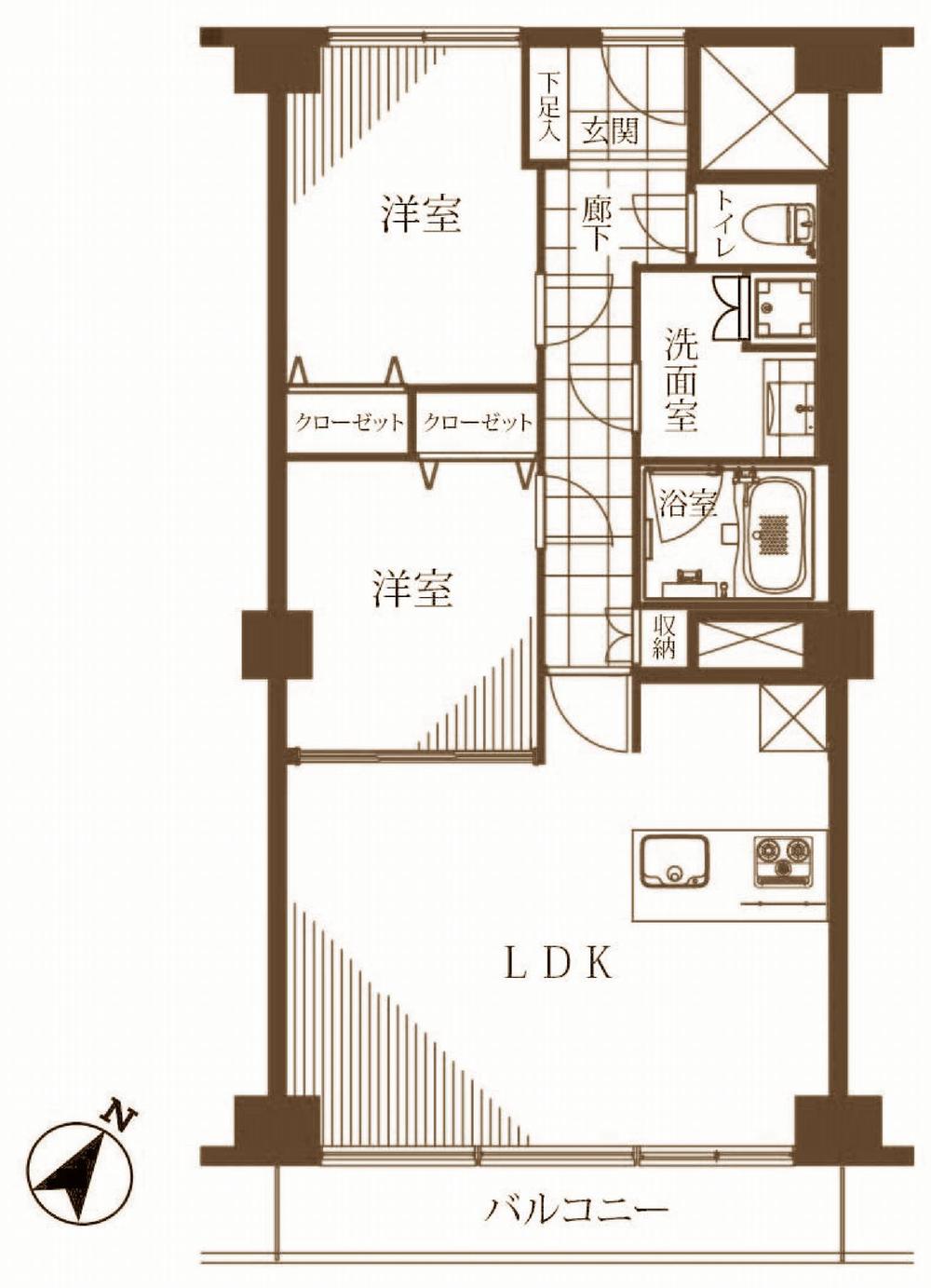 Floor plan. 2LDK, Price 54,800,000 yen, Occupied area 64.98 sq m , Balcony area 8.55 sq m LDK facing the south-east-facing balcony is attractive rooms