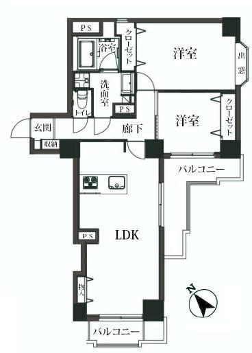 Floor plan. 2LDK, Price 52,800,000 yen, Occupied area 65.57 sq m , Balcony area 10.68 sq m
