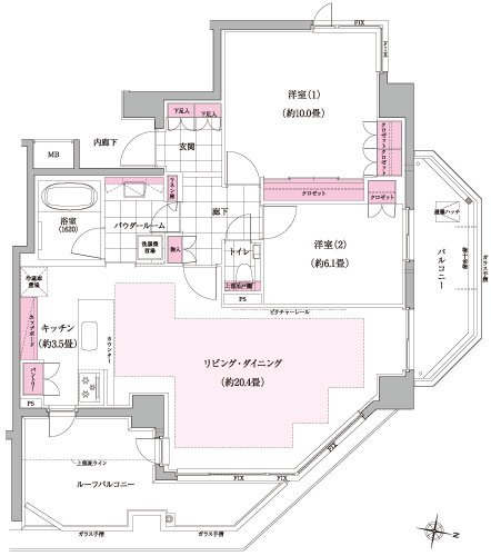 E-type floor plan / 2LDK occupied area: 87.64 sq m  Balcony area: 8.87 sq m  Roof balcony area: 13.91 sq m