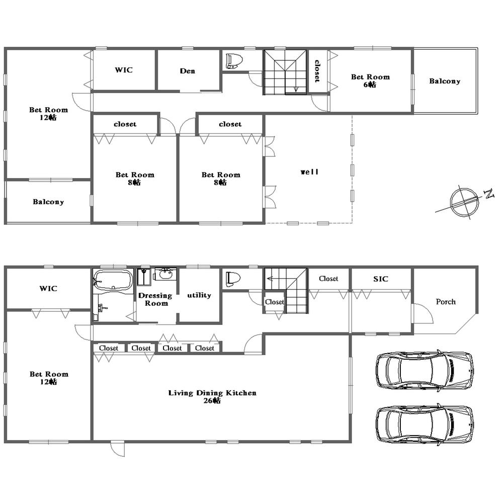 Building plan example (floor plan). Large 5LDK + S + garage parallel two Living atrium ceiling