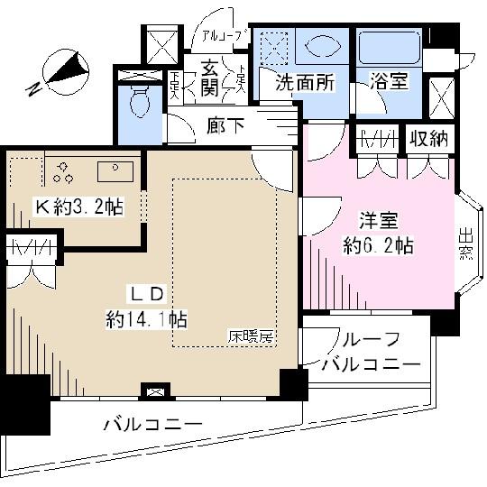 Floor plan. 1LDK, Price 47,800,000 yen, Occupied area 54.42 sq m , Balcony area 6.19 sq m