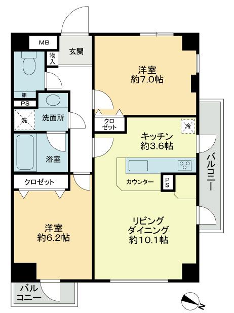Floor plan. 2LDK, Price 49,800,000 yen, Occupied area 61.08 sq m , Balcony area 6.6 sq m square room ・ 3 face lighting ・ Two-sided balcony
