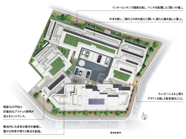 Shared facilities.  [Planting plan to bring the four seasons in the mansion] It has been chosen evergreen and deciduous trees well-balanced on roadside, By creating a tree-lined-like landscape, The site, It is softly wrapped the streets in the dazzling green.
