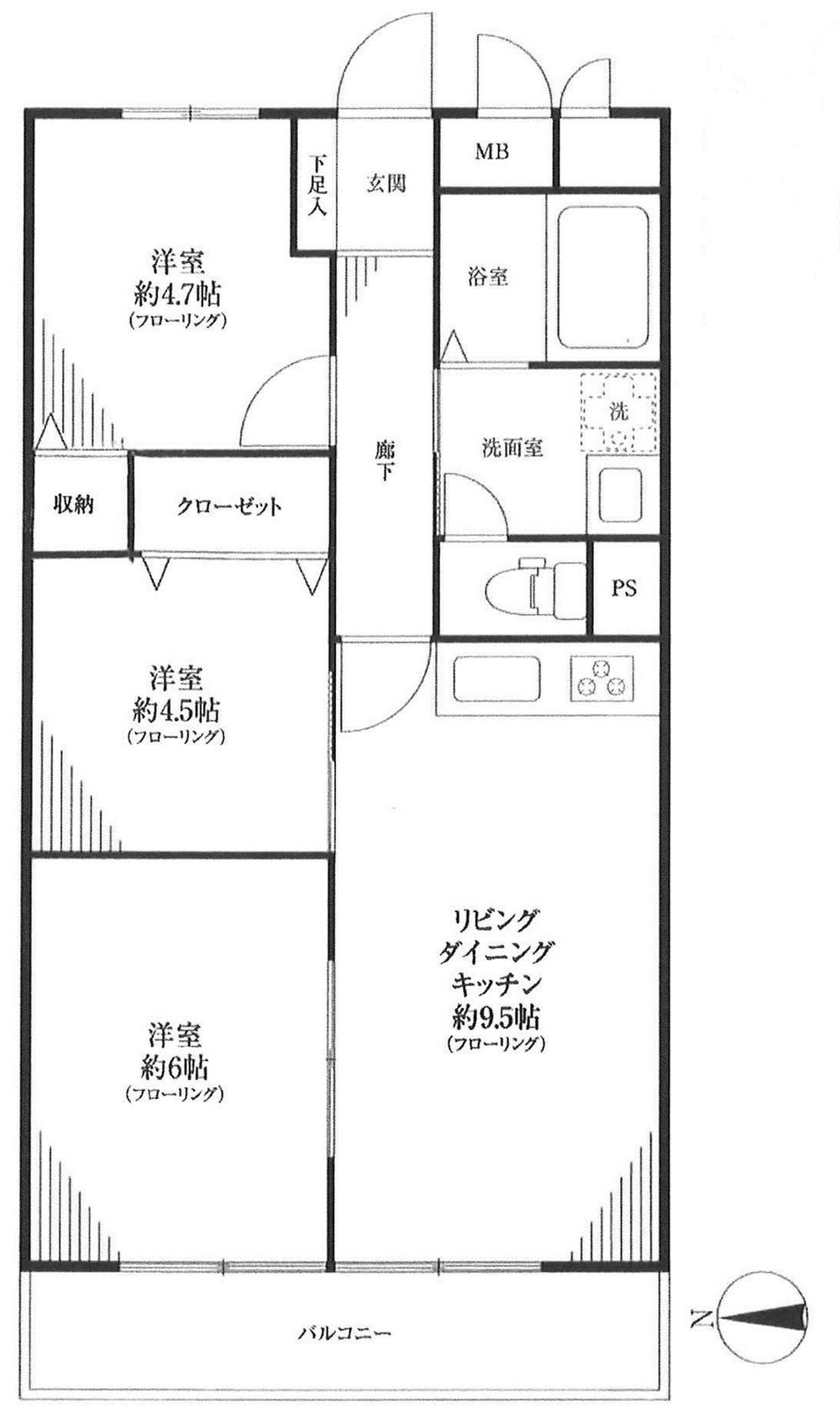 Floor plan. 3DK, Price 27,800,000 yen, Occupied area 57.12 sq m , Balcony area 6.72 sq m