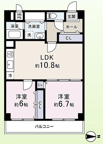 Floor plan. 2LDK, Price 28 million yen, Occupied area 59.16 sq m , Balcony area 6.96 sq m