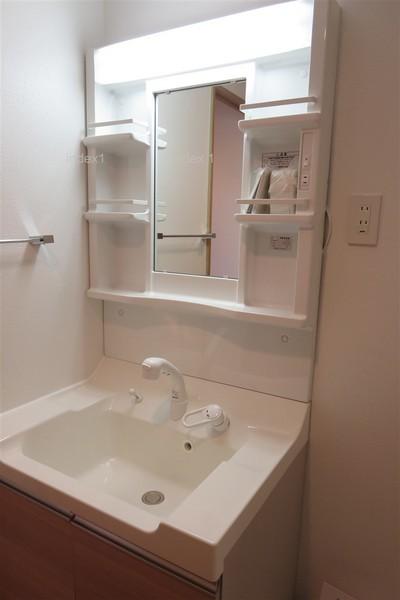 Wash basin, toilet. Vanity with happy shower