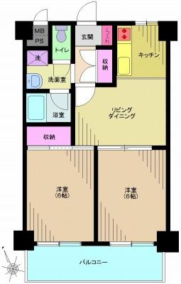 Floor plan. 2LDK, Price 27,900,000 yen, Occupied area 44.82 sq m , Balcony area 7.14 sq m