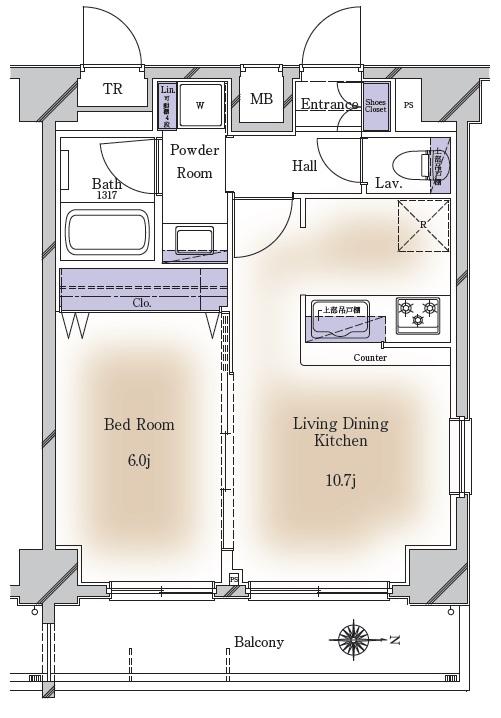 Floor plan. 1LDK, Price 35,800,000 yen, Occupied area 40.75 sq m , Is 1LDK of counter kitchen on the balcony area 7.41 sq m spacious water around!