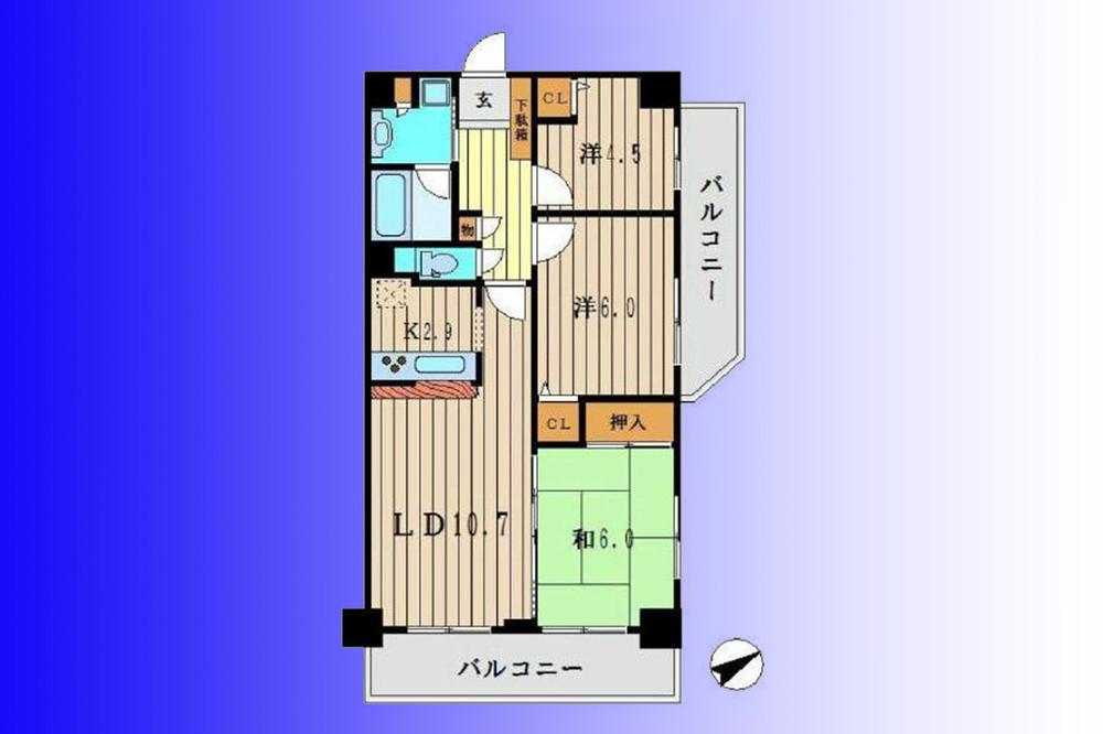 Floor plan. 3LDK, Price 34,900,000 yen, Footprint 66 sq m , Balcony area 14.97 sq m 3LDK / Two-sided balcony faces the whole room.