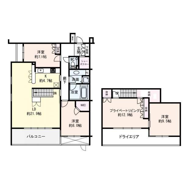 Floor plan. 4LDK, Price 88,800,000 yen, Footprint 141.42 sq m , Balcony area 11.68 sq m public and supple division was maisonette plan the private