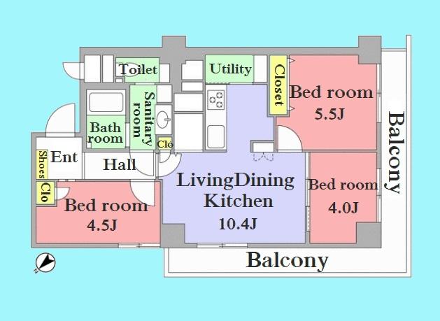 Floor plan. 3LDK, Price 37,900,000 yen, Footprint 57.5 sq m , Balcony area 12.72 sq m
