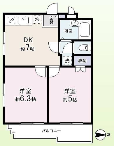 Floor plan. 2DK, Price 19,800,000 yen, Occupied area 36.19 sq m , Balcony area 3.57 sq m