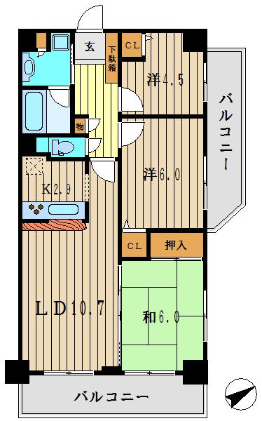 Floor plan. 3LDK, Price 34,900,000 yen, Footprint 66 sq m , Balcony area 14.97 sq m square room ・ Two-sided balcony