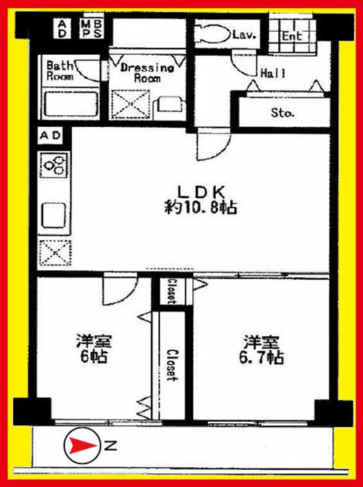 Floor plan. 2LDK, Price 28 million yen, Occupied area 59.16 sq m , Balcony area 6.96 sq m