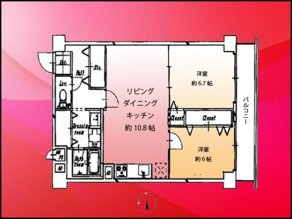 Floor plan. 2LDK, Price 28 million yen, Occupied area 59.16 sq m , 2LDK floor plan with a balcony area 6.96 sq m sense of openness