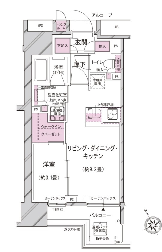 A1type 1LDK + WIC occupied area (including the footprint) 35.15m2 (10.63 square meters) trunk room area: 0.30m2 (0.09 square meters) balcony area: 5.68m2 (1.71 square meters) alcove area: 0.72m2 (0.21 square meters) ※ WIC = walk-in closet