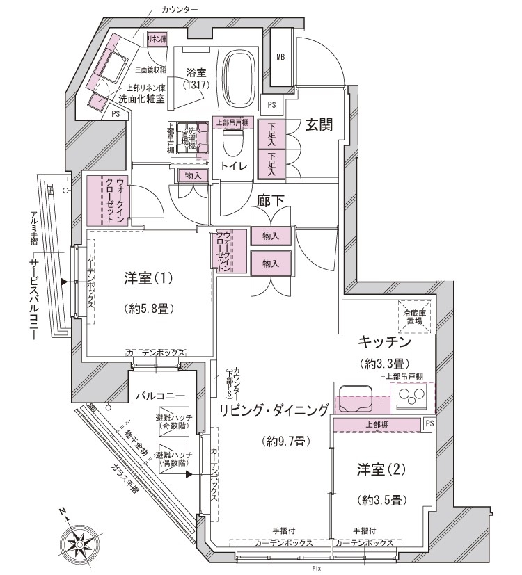 Etype 2LDK + 2WIC occupied area: 57.33m2 (17.34 square meters) balcony area: 5.23m2 (1.58 square meters) Service balcony area: 1.73m2 (0.52 square meters) ※ WIC = walk-in closet ※ Both have the drawing of the planning stage, It may actually differ slightly from