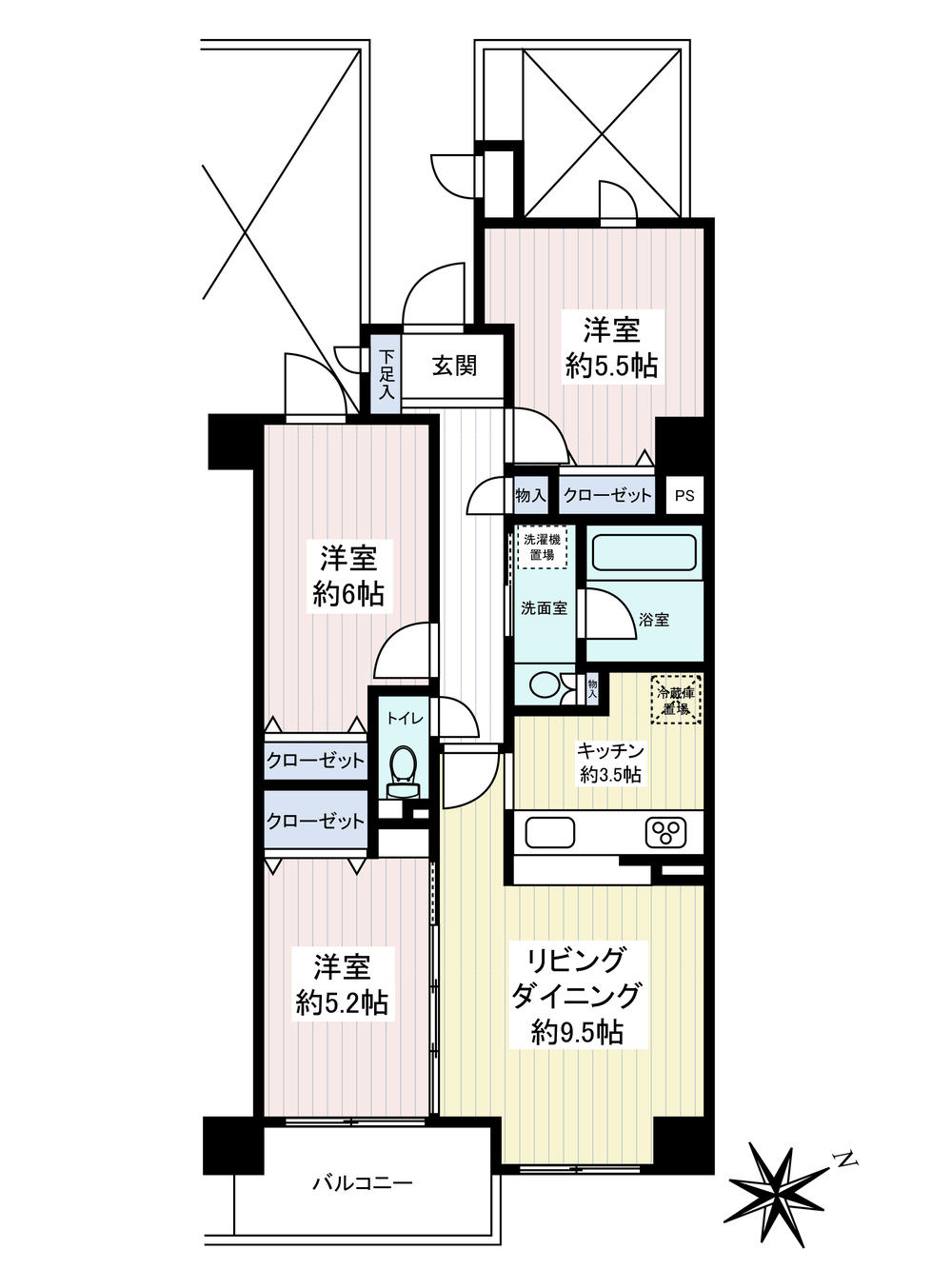 Floor plan. 3LDK, Price 39,800,000 yen, Footprint 68.9 sq m , Balcony area 5.6 sq m