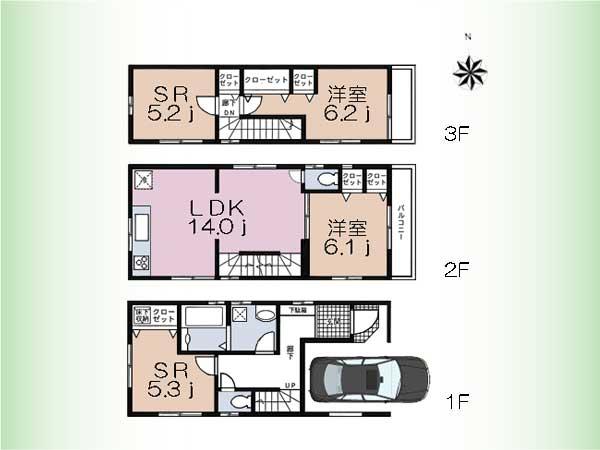 Floor plan. (1 Building), Price 64,800,000 yen, 2LDK+2S, Land area 63.79 sq m , Building area 102.05 sq m
