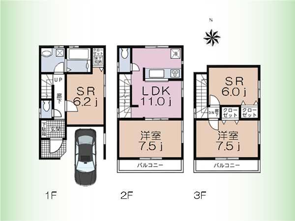 Floor plan. (Building 2), Price 62,800,000 yen, 2LDK+2S, Land area 59.72 sq m , Building area 96.78 sq m