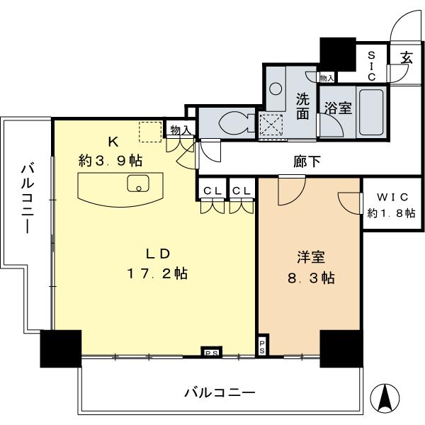 Floor plan. 1LDK, Price 64,900,000 yen, Occupied area 72.05 sq m , Balcony area 18.5 sq m