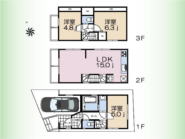 Compartment view + building plan example. Building plan example (B compartment) 3LDK, Land price 29,800,000 yen, Land area 47.43 sq m , Building price 15 million yen, Building area 77.96 sq m