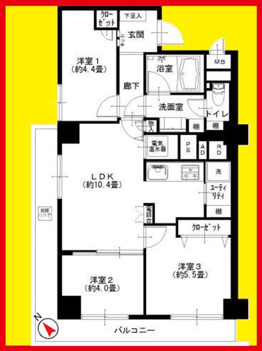 Floor plan. 3LDK, Price 37,900,000 yen, Footprint 57.5 sq m , Balcony area 12.72 sq m